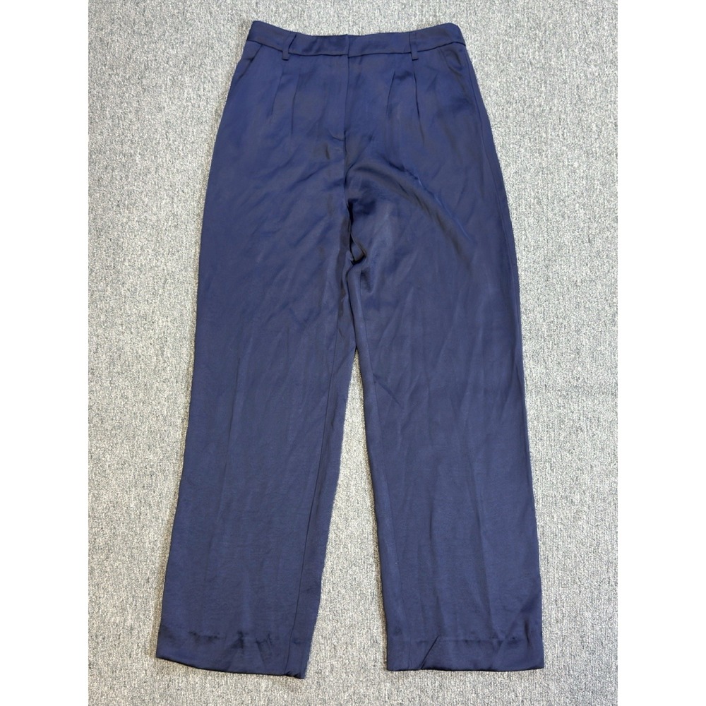 kookai High Rise Straight Wide Leg Chiffon Trousers K2 Navy Size 42 Belted 30x31